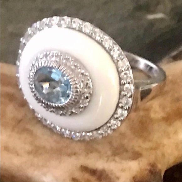 Clyde Duneier White Onyx/Blue Topaz Sterling Ring - Picture 1 of 6